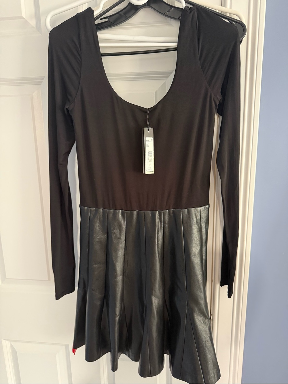 Alice + Olivia Black Long Sleeve Faux Leather Skater Dress